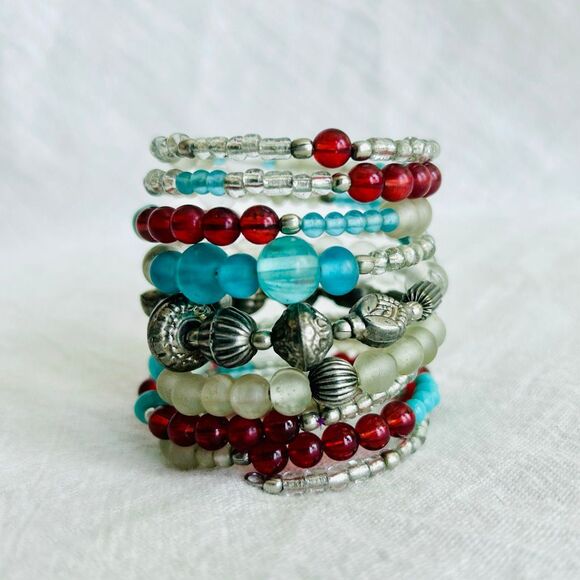 Bohemian Turquoise Blue Red and White Beaded Memory Wire Wrap Bracelet - Picture 1 of 5